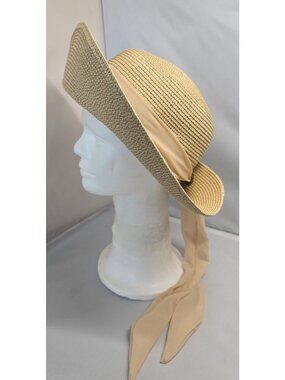 Wide-Brimmed Straw Hat Beige Ribbon Tie Chic Lightweight Summer nautical beach